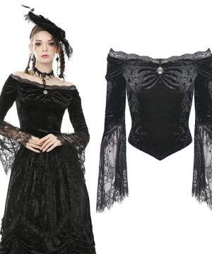 Damen-Gothic-Oberteile aus schulterfreiem Samt mit floralen Spitzenärmeln - Gothic Shop