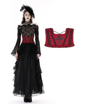 Damen-Unterbrustkorsett mit Gothic-Kreuz-Stickerei und Rüschen - Gothic Shop