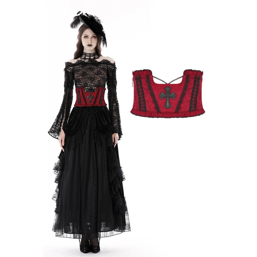 Damen-Unterbrustkorsett mit Gothic-Kreuz-Stickerei und Rüschen - Gothic Shop