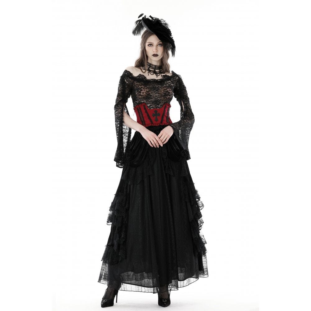 Damen-Unterbrustkorsett mit Gothic-Kreuz-Stickerei und Rüschen - Gothic Shop
