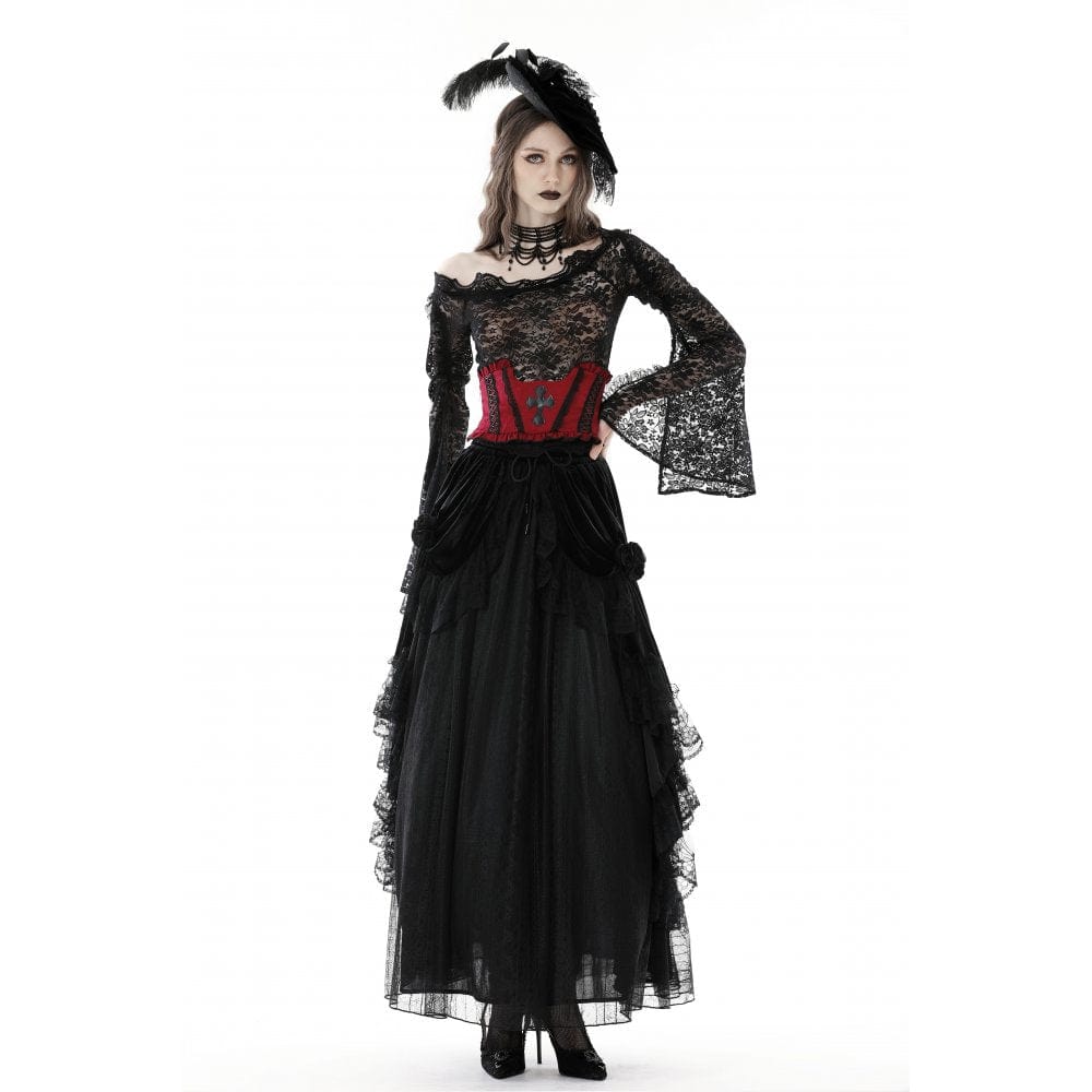 Damen-Unterbrustkorsett mit Gothic-Kreuz-Stickerei und Rüschen - Gothic Shop