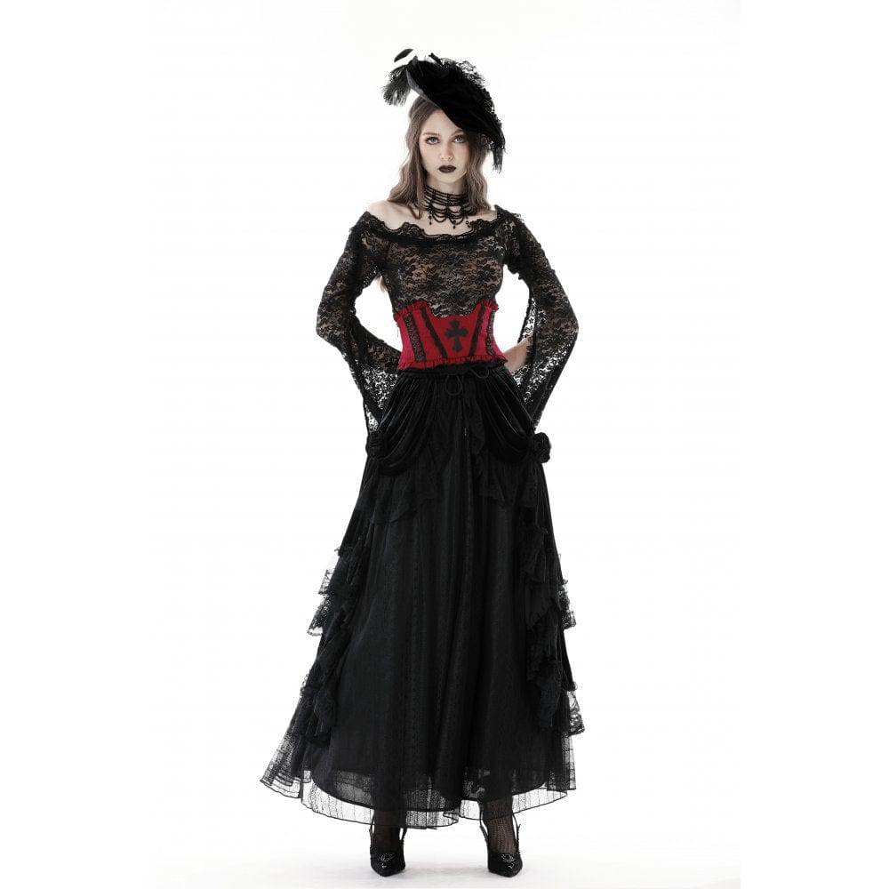 Damen-Unterbrustkorsett mit Gothic-Kreuz-Stickerei und Rüschen - Gothic Shop