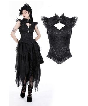 Damen-Gothic-Tanktop mit Ausschnitt und Stehkragen und Rüschen - Gothic Shop