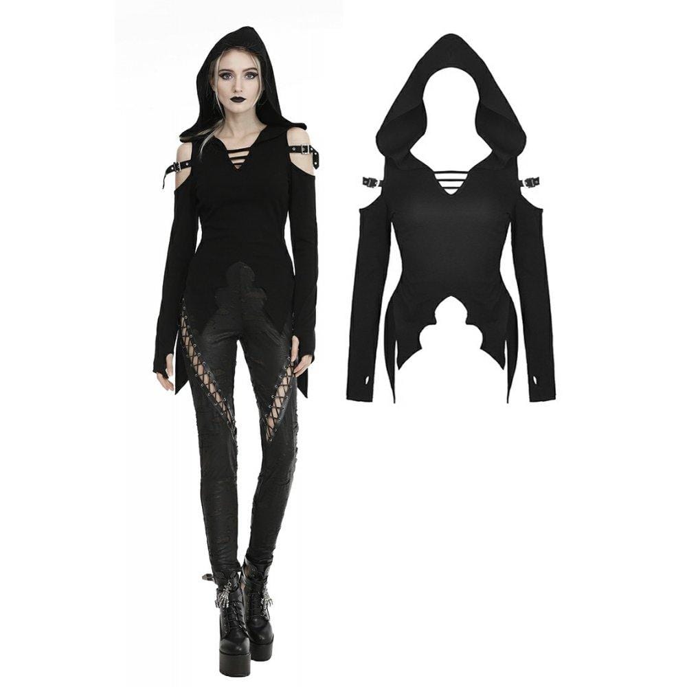Gothic-Cutout-Tops für Damen mit Gürtel und Kapuze - Gothic Shop