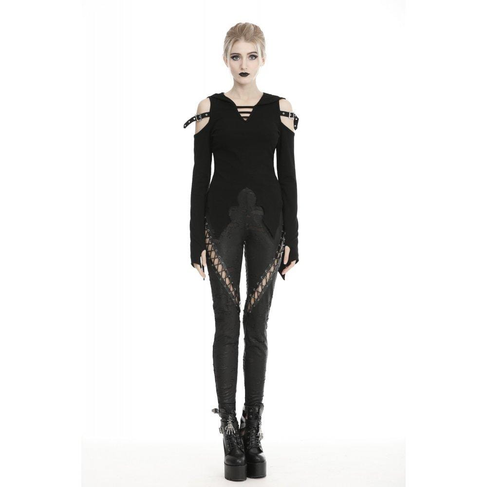 Gothic-Cutout-Tops für Damen mit Gürtel und Kapuze - Gothic Shop
