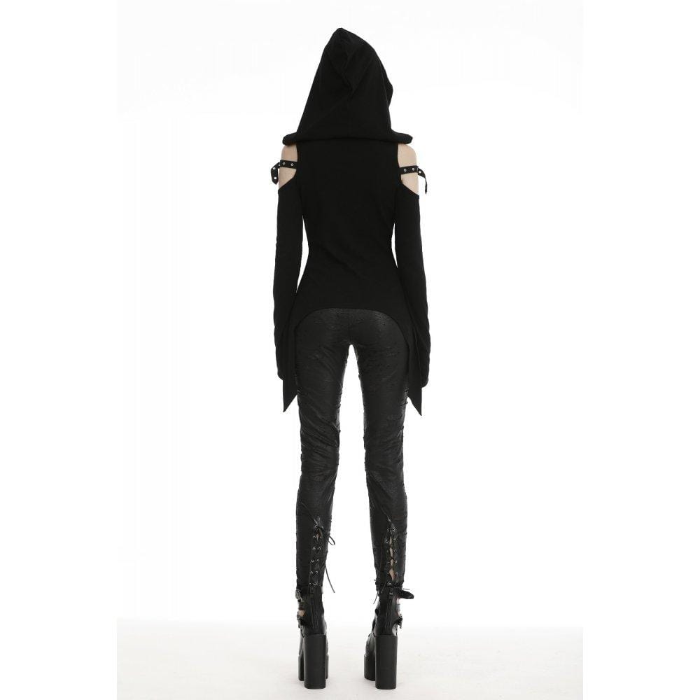 Gothic-Cutout-Tops für Damen mit Gürtel und Kapuze - Gothic Shop