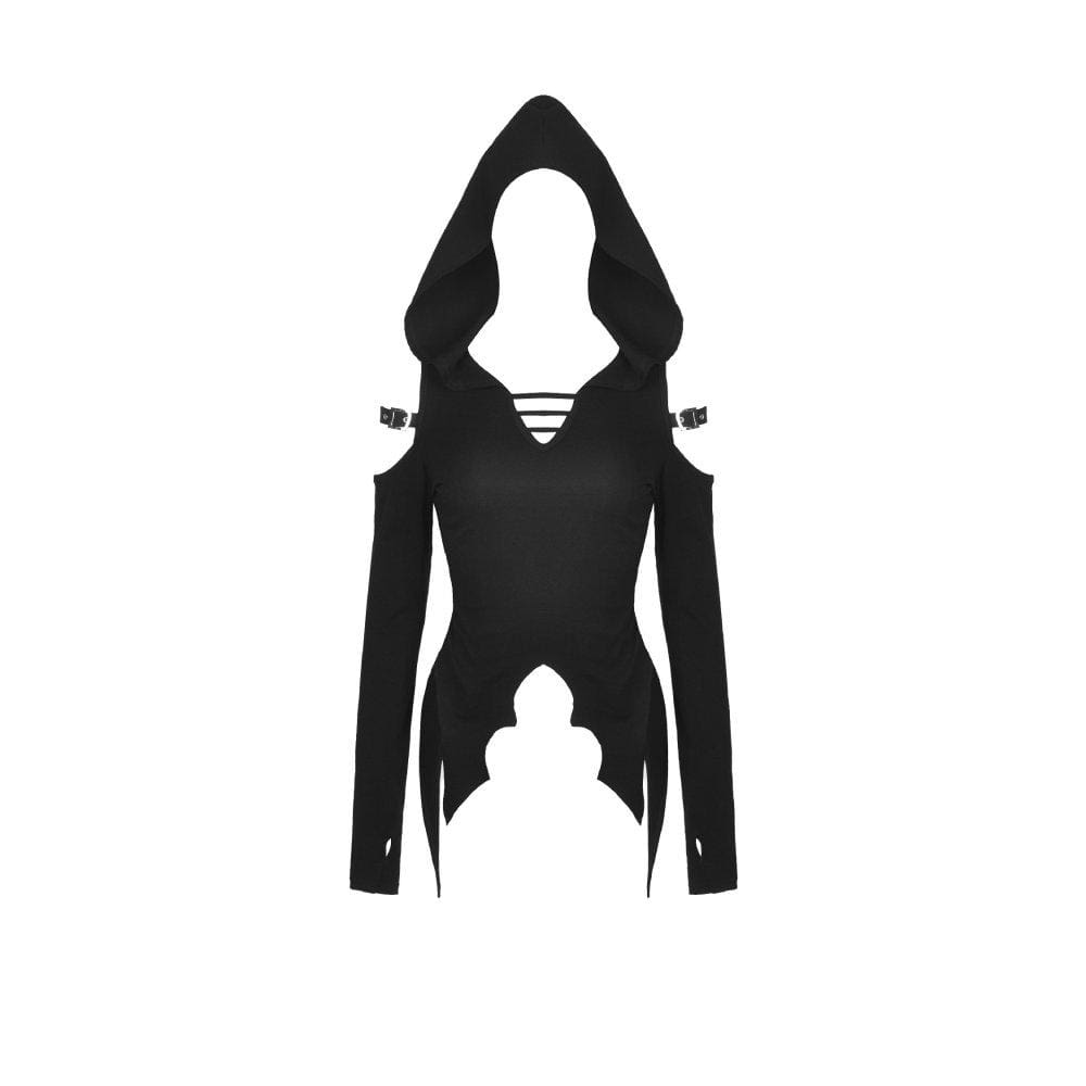 Gothic-Cutout-Tops für Damen mit Gürtel und Kapuze - Gothic Shop