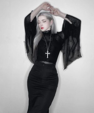Transparentes Gothic-Hemd mit ausgestellten Ärmeln und Spinnennetz für Damen - Gothic Shop