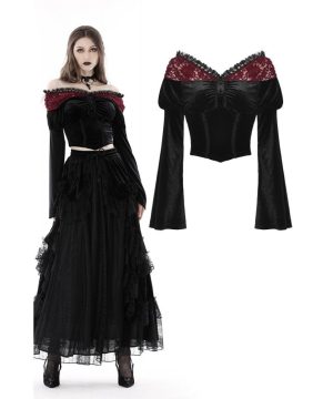 Schulterfreies, schulterfreies Gothic-Crop-Top aus Samt mit Spitzenspleiß für Damen - Gothic Shop