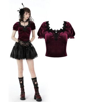 Damen-Gothic-Top aus rotem Samt mit Puffärmeln - Gothic Shop