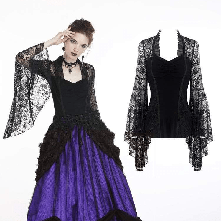 Damen-Tops im Gothic-Stil mit Rüschen, durchsichtiger Blumenspitze und Ärmeln - Gothic Shop