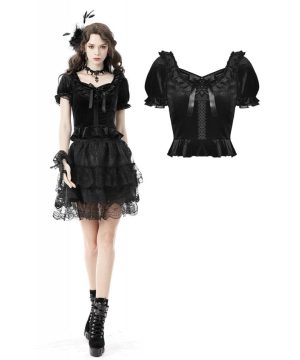Damen-Gothic-Top aus Samt mit quadratischem Kragen und kurzen Puffärmeln - Gothic Shop