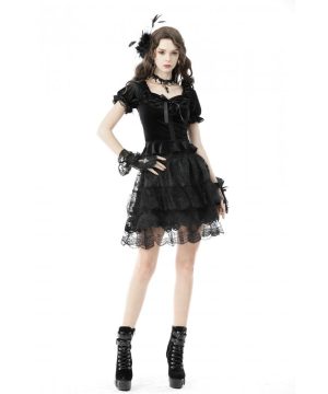 Damen-Gothic-Top aus Samt mit quadratischem Kragen und kurzen Puffärmeln - Gothic Shop
