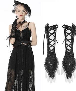 Schwarze Gothic-Handschuhe mit Riemchenspitze für Damen - Gothic Shop