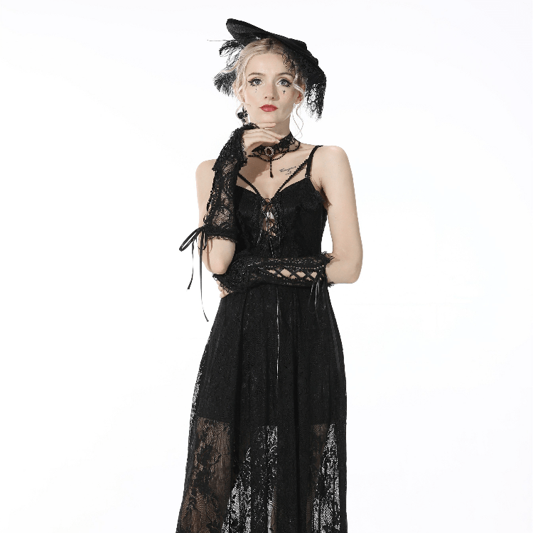 Schwarze Gothic-Handschuhe mit Riemchenspitze für Damen - Gothic Shop