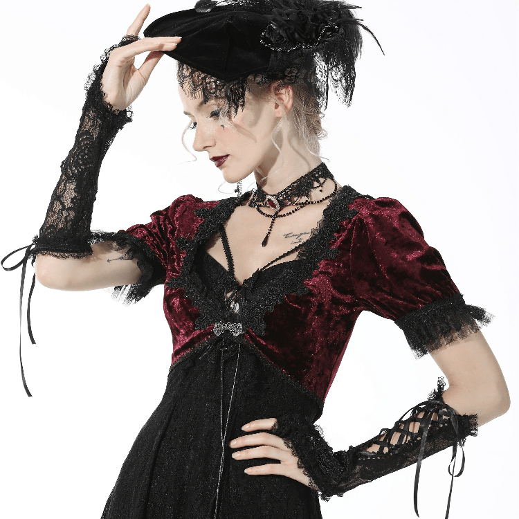 Schwarze Gothic-Handschuhe mit Riemchenspitze für Damen - Gothic Shop