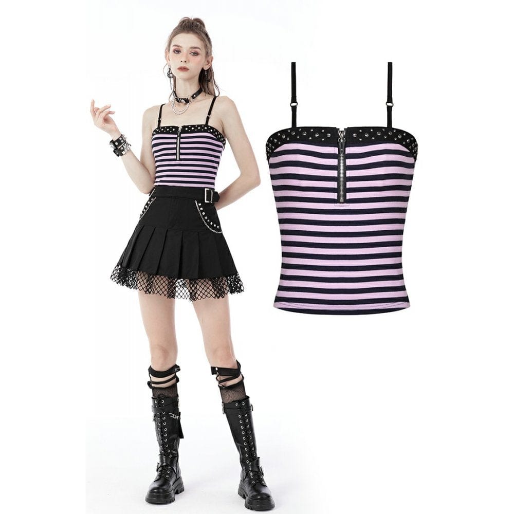 Gestreiftes Grunge-Tanktop mit Frontreißverschluss für Damen - Gothic Shop