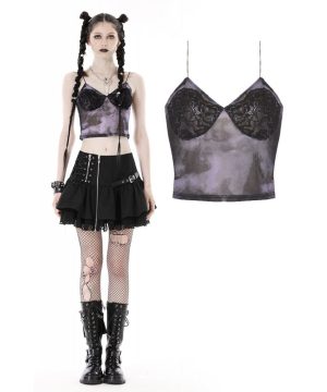 Damen-Tanktop mit gespleißter Spitze und Batikmuster im Grunge-Stil - Gothic Shop