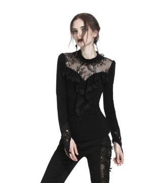 Damen-Gothic-Top mit Spitzenpasse und Rüschen - Gothic Shop