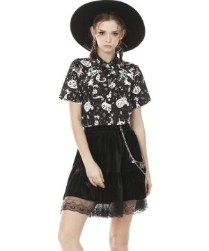 Kurzärmlige Hemden mit „Lolita Cat“-Aufdruck für Damen - Gothic Shop