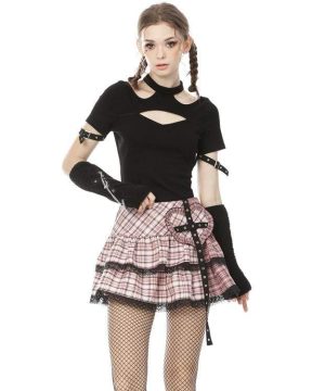 Damen-Miniröcke „Lolita Rock Heart“ mit rosa Karomuster und Spitzensaum - Gothic Shop