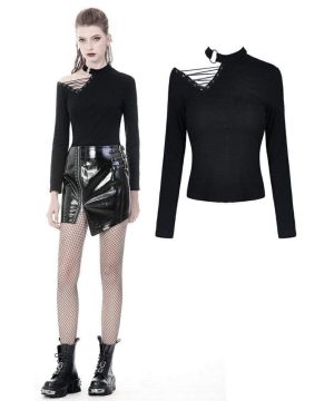 Damen-T-Shirts mit langen Ärmeln, Seilen und einer Schulter, sexy - Gothic Shop