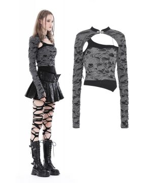 Damen-Punk-Bluse mit Cheongsam-Kragen und zerrissenen Ausschnitten - Gothic Shop