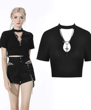 Schwarzes Crop-Top mit Punk-Ausschnitt und Kreuzkette für Damen - Gothic Shop