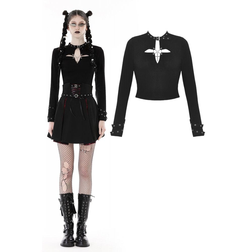 Damen-Crop-Top mit Punk-Ausschnitt und Kreuzösen - Gothic Shop