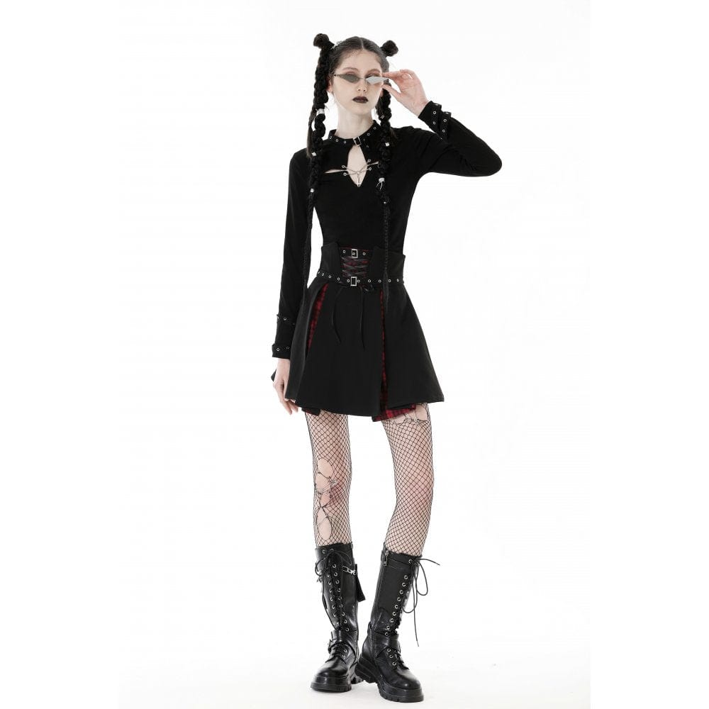 Damen-Crop-Top mit Punk-Ausschnitt und Kreuzösen - Gothic Shop