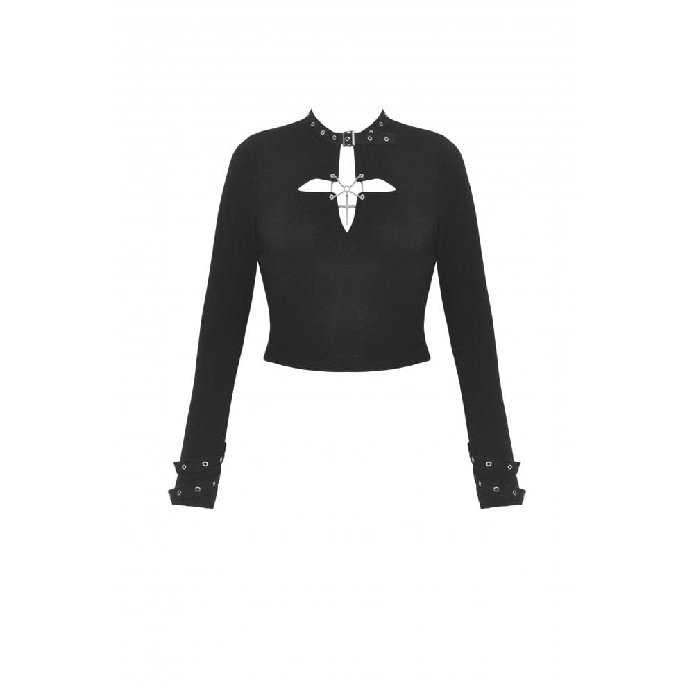 Damen-Crop-Top mit Punk-Ausschnitt und Kreuzösen - Gothic Shop