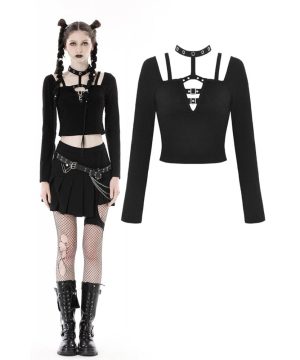 Damen-Crop-Top mit Punk-Ausschnitt, Ösen und Schnalle - Gothic Shop