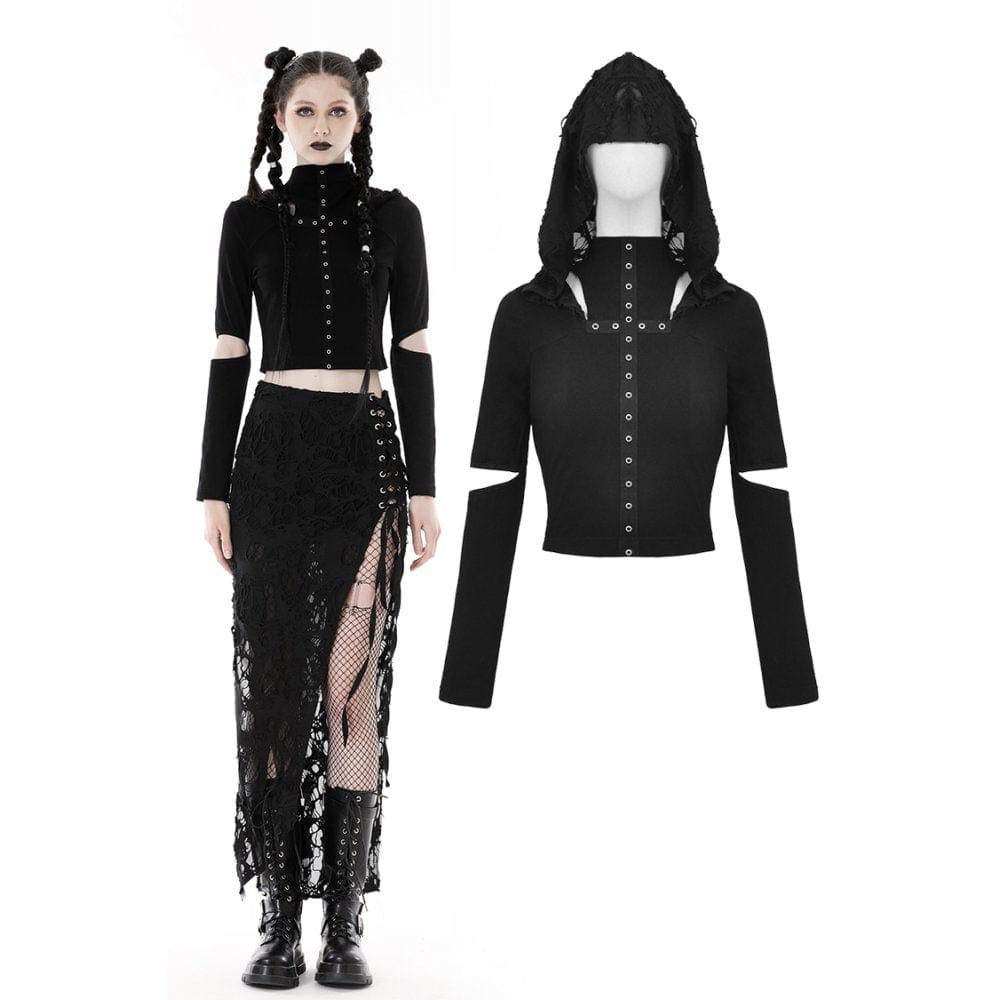 Punk-Crop-Top für Damen mit Ösenausschnitt und zerrissener Kapuze - Gothic Shop