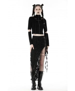 Punk-Crop-Top für Damen mit Ösenausschnitt und zerrissener Kapuze - Gothic Shop