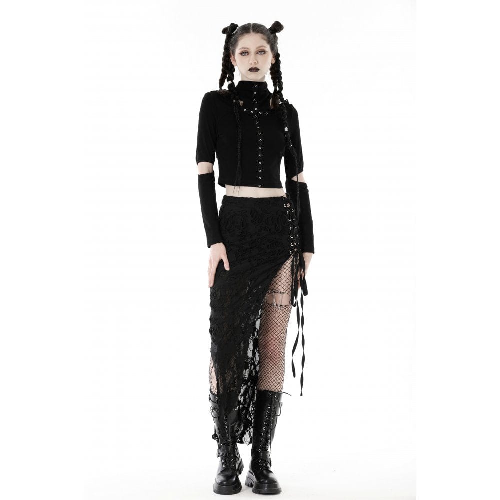 Punk-Crop-Top für Damen mit Ösenausschnitt und zerrissener Kapuze - Gothic Shop