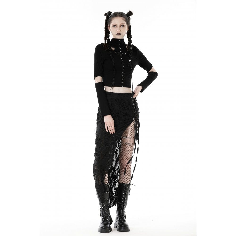 Punk-Crop-Top für Damen mit Ösenausschnitt und zerrissener Kapuze - Gothic Shop