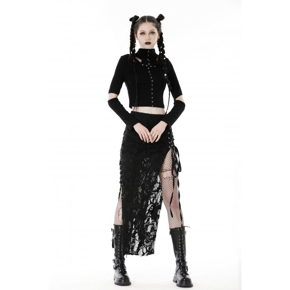 Punk-Crop-Top für Damen mit Ösenausschnitt und zerrissener Kapuze - Gothic Shop
