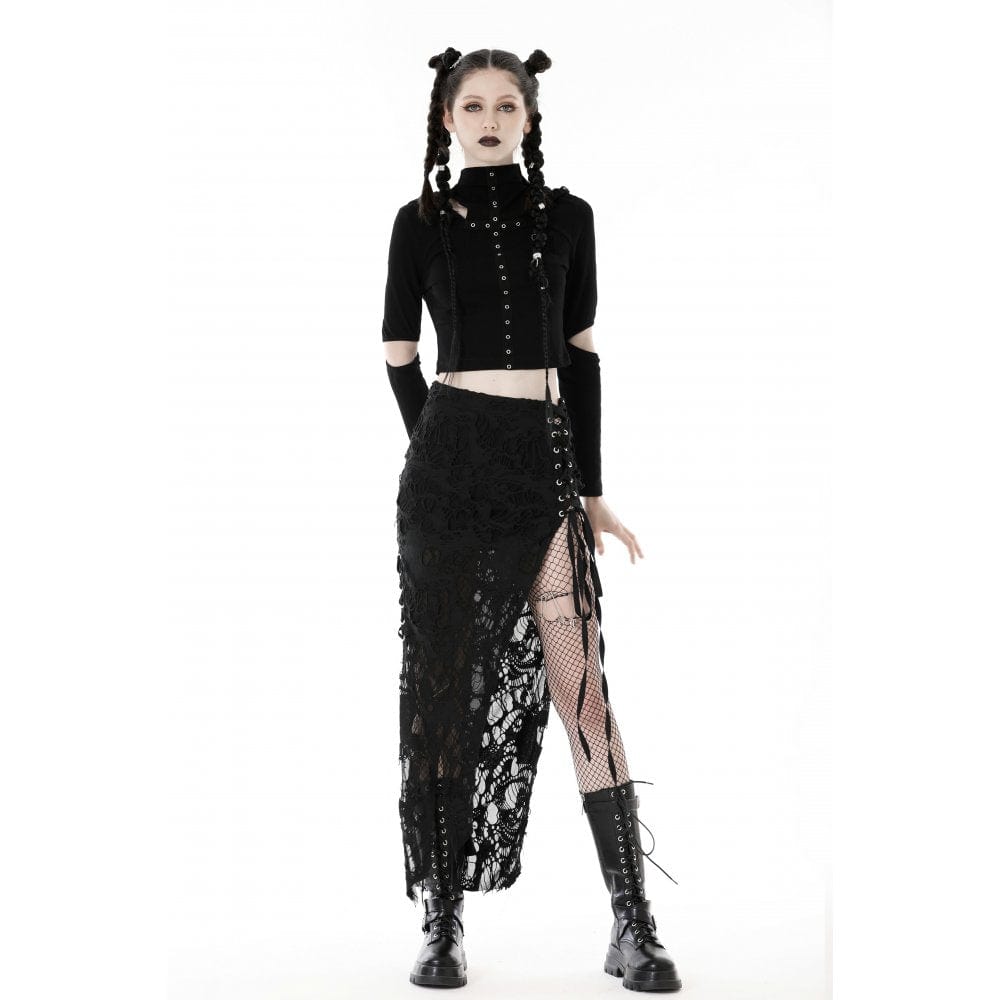 Punk-Crop-Top für Damen mit Ösenausschnitt und zerrissener Kapuze - Gothic Shop