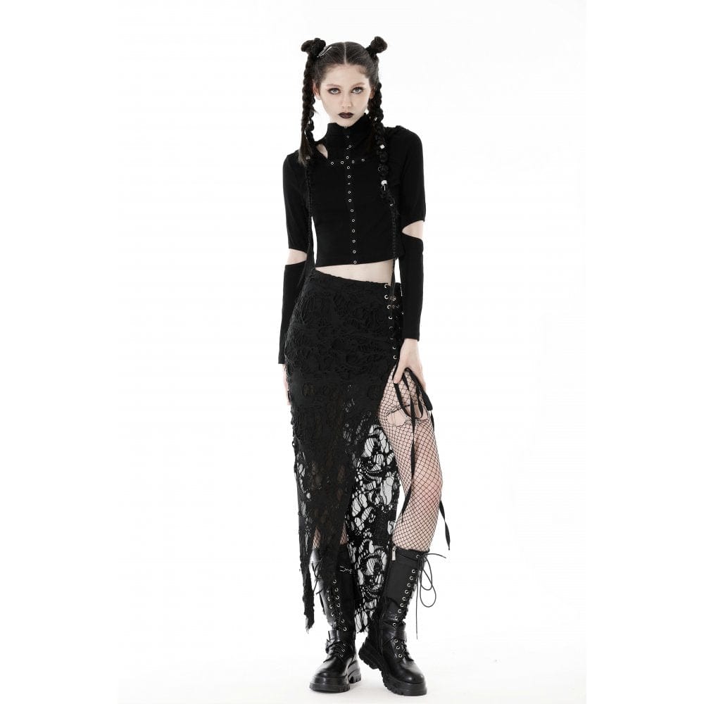 Punk-Crop-Top für Damen mit Ösenausschnitt und zerrissener Kapuze - Gothic Shop