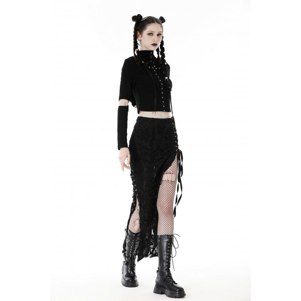 Punk-Crop-Top für Damen mit Ösenausschnitt und zerrissener Kapuze - Gothic Shop