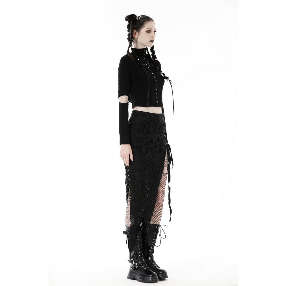 Punk-Crop-Top für Damen mit Ösenausschnitt und zerrissener Kapuze - Gothic Shop