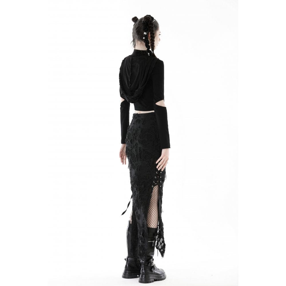 Punk-Crop-Top für Damen mit Ösenausschnitt und zerrissener Kapuze - Gothic Shop