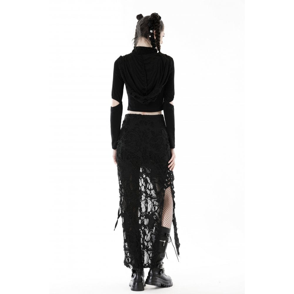 Punk-Crop-Top für Damen mit Ösenausschnitt und zerrissener Kapuze - Gothic Shop