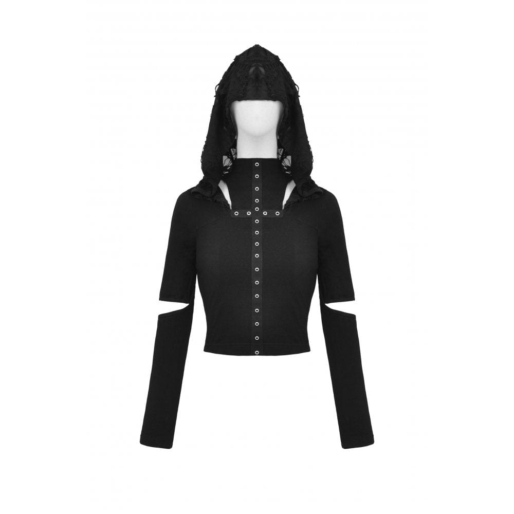 Punk-Crop-Top für Damen mit Ösenausschnitt und zerrissener Kapuze - Gothic Shop