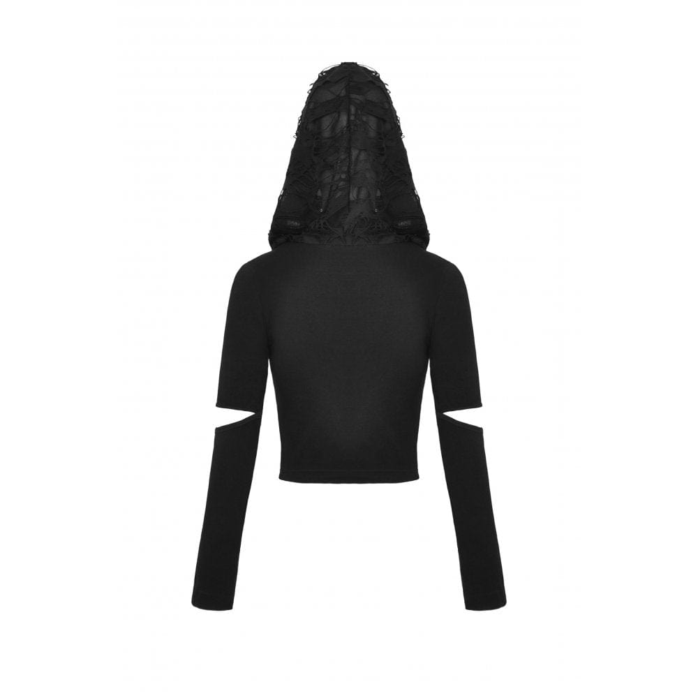 Punk-Crop-Top für Damen mit Ösenausschnitt und zerrissener Kapuze - Gothic Shop