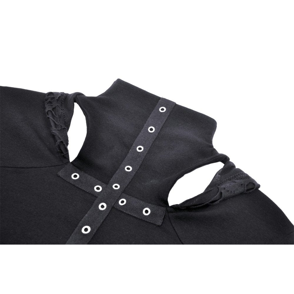 Punk-Crop-Top für Damen mit Ösenausschnitt und zerrissener Kapuze - Gothic Shop