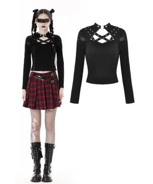 Damen-Crop-Top mit Punk-Ausschnitt, Ösen und Rissen - Gothic Shop