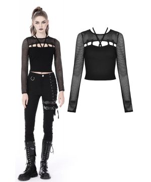 Punk-Cutout Frog Mesh Splice Top für Damen - Gothic Shop