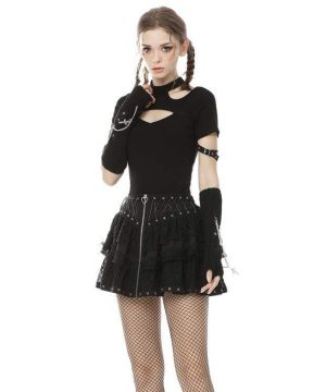 Kurzärmliges Neckholder-T-Shirt mit Punk-Ausschnitt für Damen - Gothic Shop