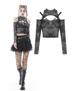 Schulterfreies, schulterfreies Totenkopf-Crop-Top für Damen mit Punk-Ausschnitt - Gothic Shop